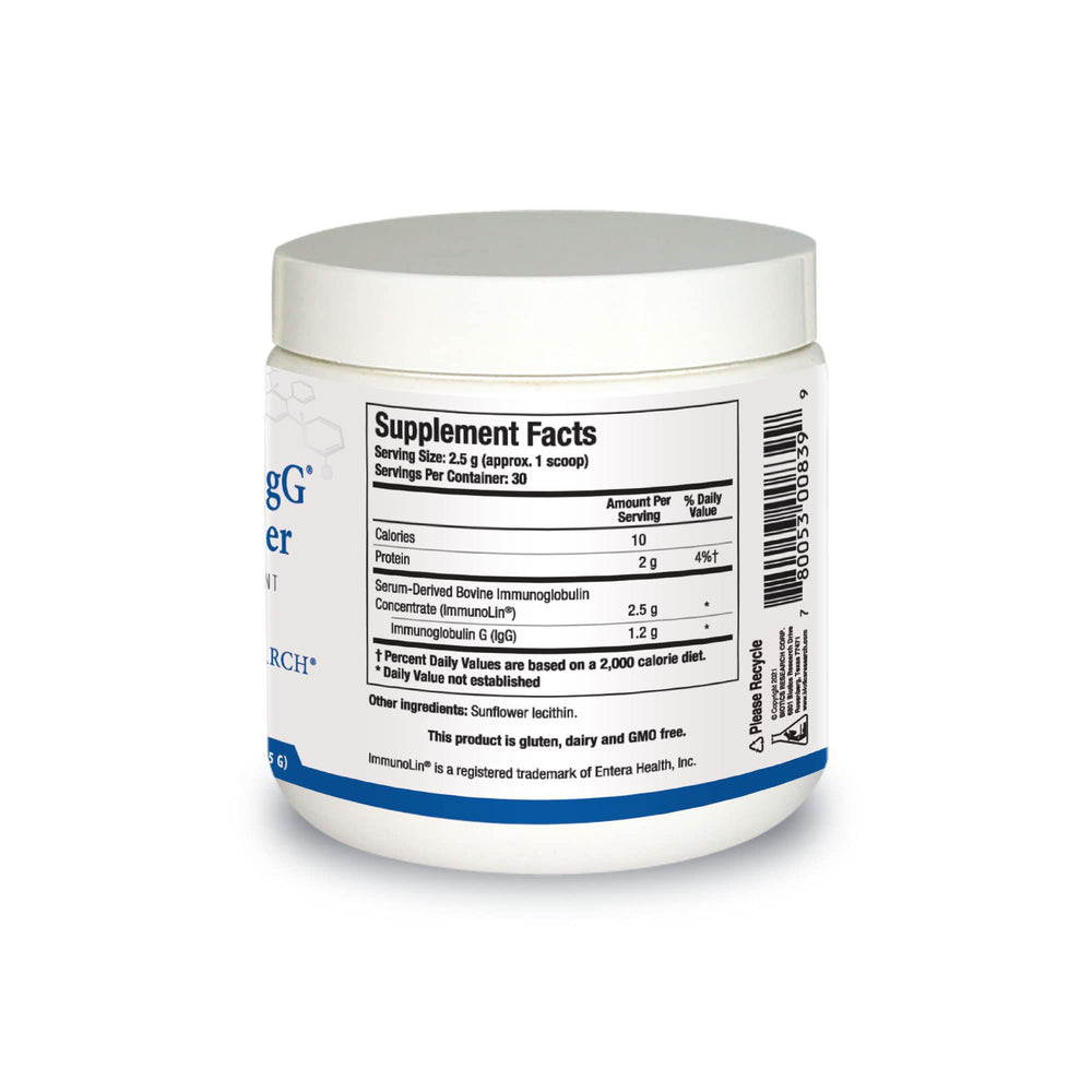 Biotics Research dairy-free immune-support powder shown with a glass of water.