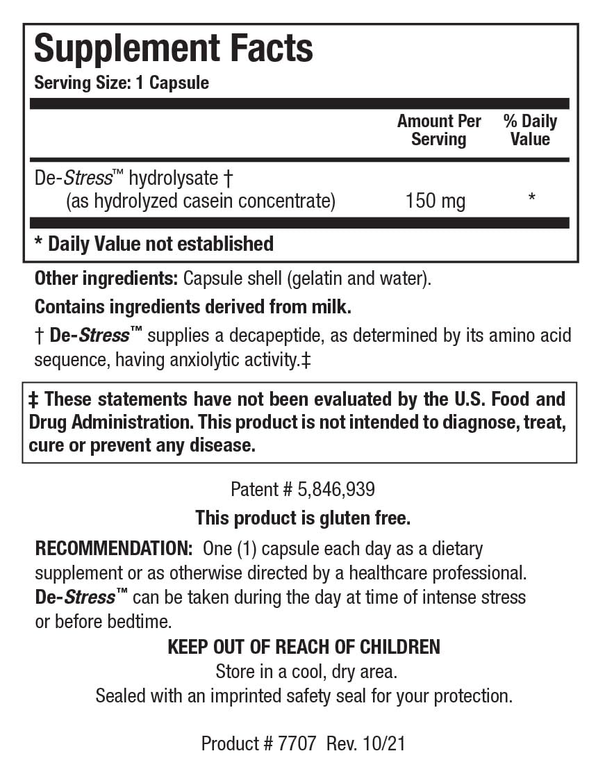 Product label on De-Stress packaging indicating gluten-free and safety standards.