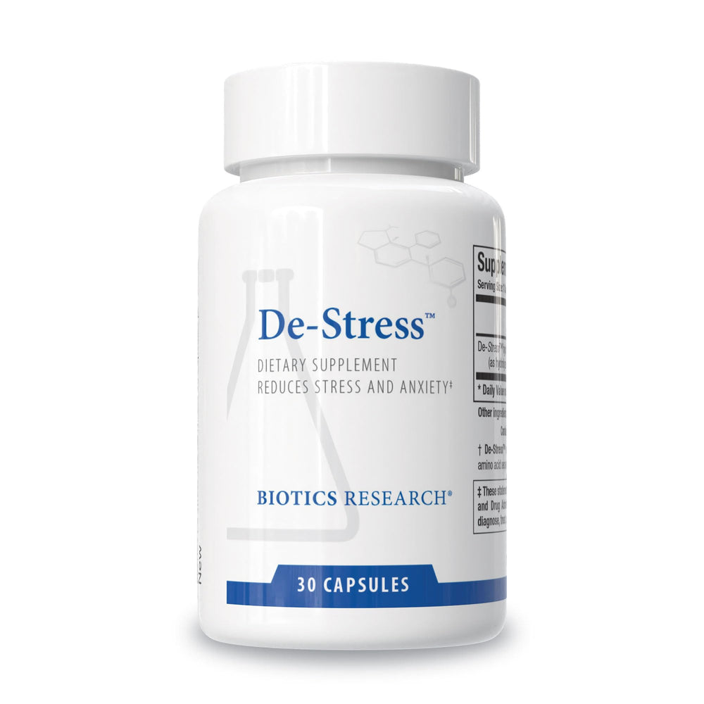 BIOTICS RESEARCH De-Stress bottle highlights patented nutrient for natural calm support.