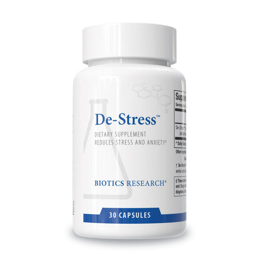 BIOTICS RESEARCH De-Stress bottle highlights patented nutrient for natural calm support.