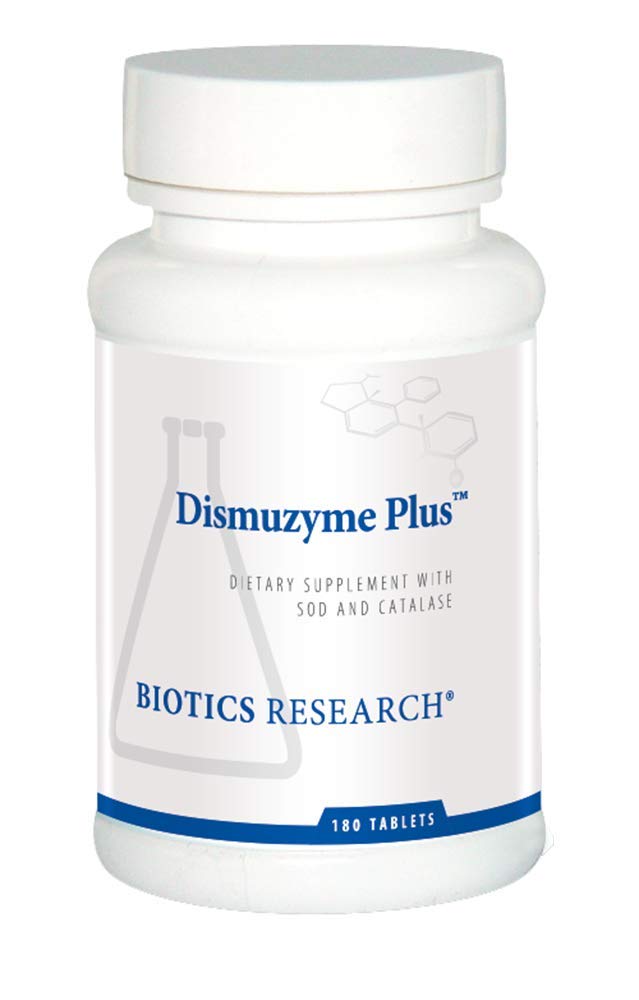 Biotics Research Dismuzyme Plus bottle front showing antioxidant formula for immune support