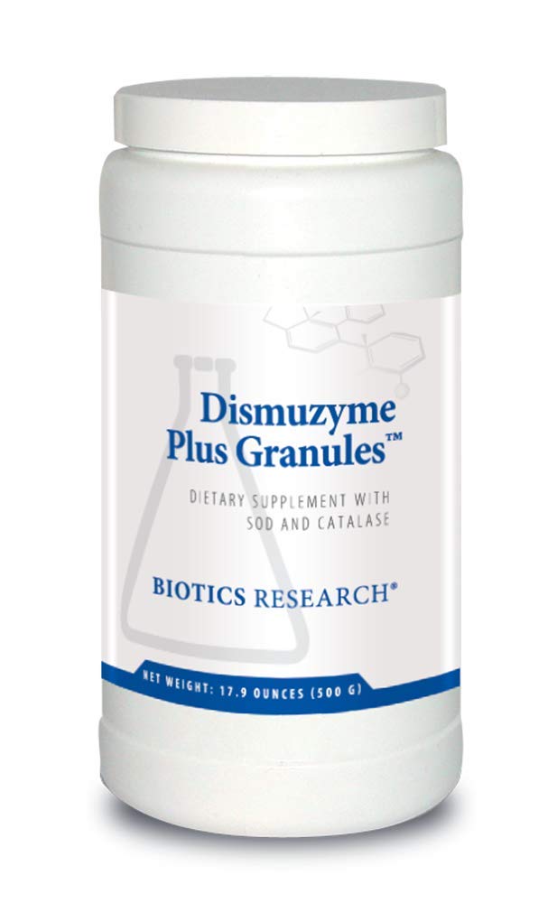 Biotics Research Dismuzyme Plus granules packaging highlighting antioxidant enzymes for immune support.