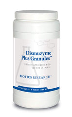 Biotics Research Dismuzyme Plus granules packaging highlighting antioxidant enzymes for immune support.