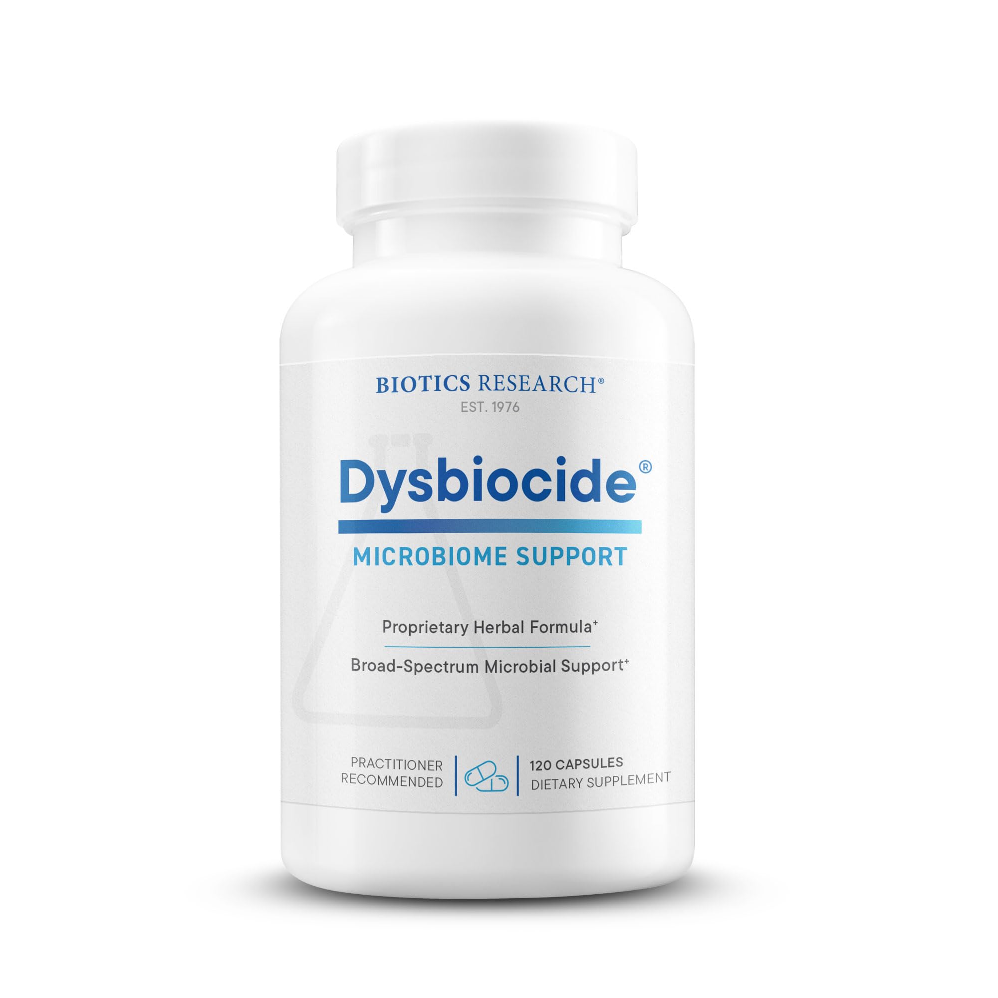 Biotics Research Dysbiocide bottle focusing on gut healing support for daily use.