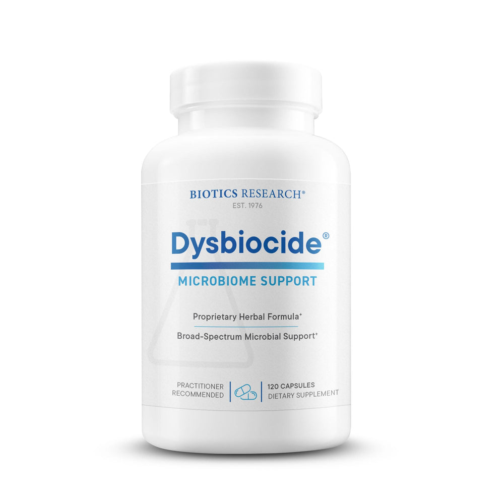 Biotics Research Dysbiocide bottle focusing on gut healing support for daily use.