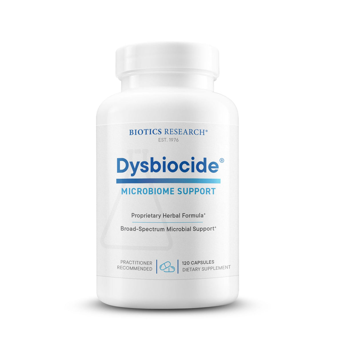Biotics Research Dysbiocide bottle focusing on gut healing support for daily use.