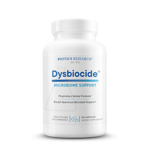Biotics Research Dysbiocide bottle focusing on gut healing support for daily use.