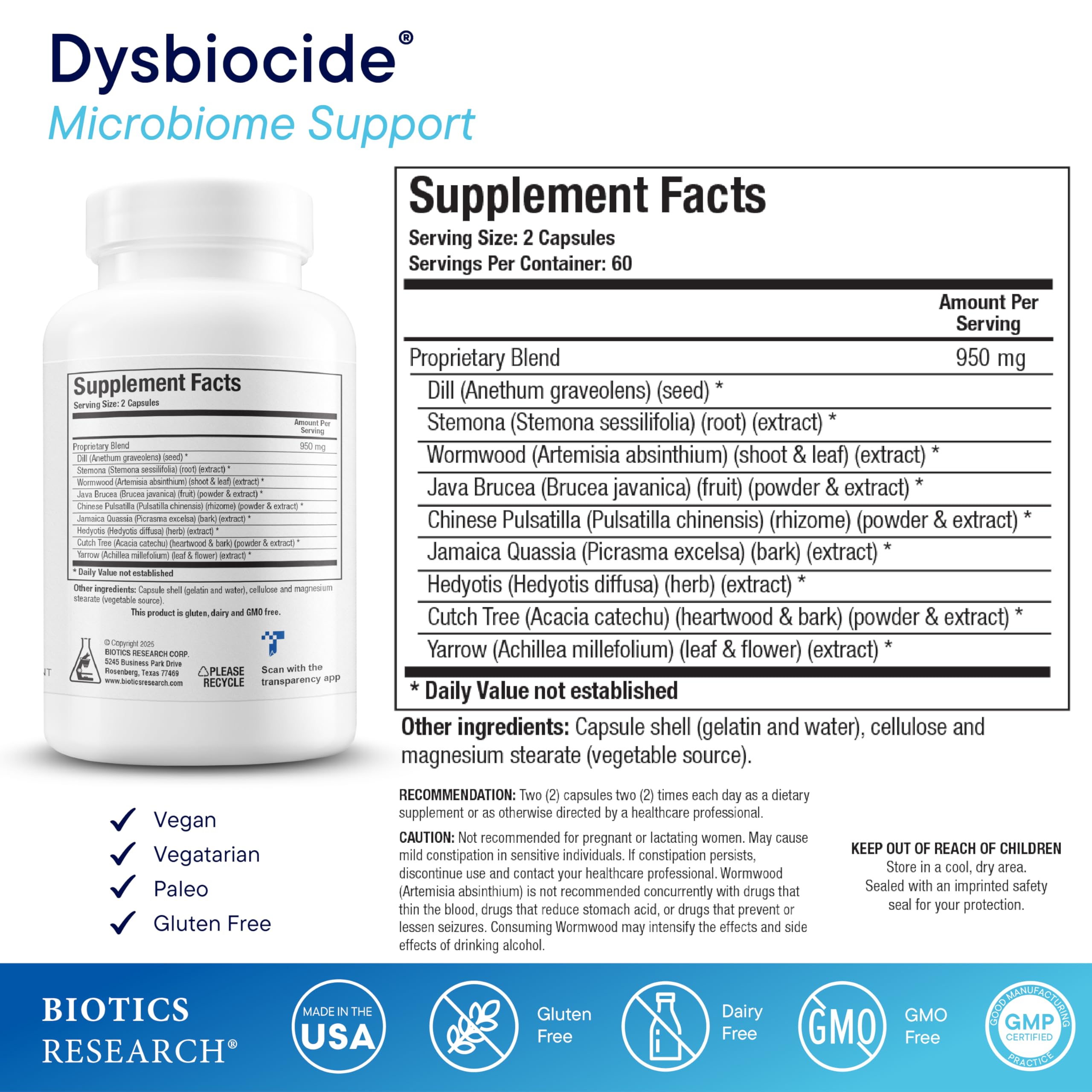 Dysbiocide capsules promoting microbial balance and digestive comfort.