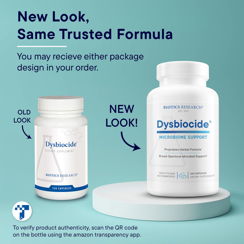 USA-made Dysbiocide capsules shown in clean packaging.