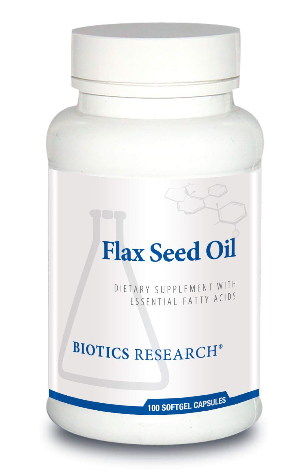 Biotics Research flax seed oil softgel bottle highlighting omega-3 for heart health.
