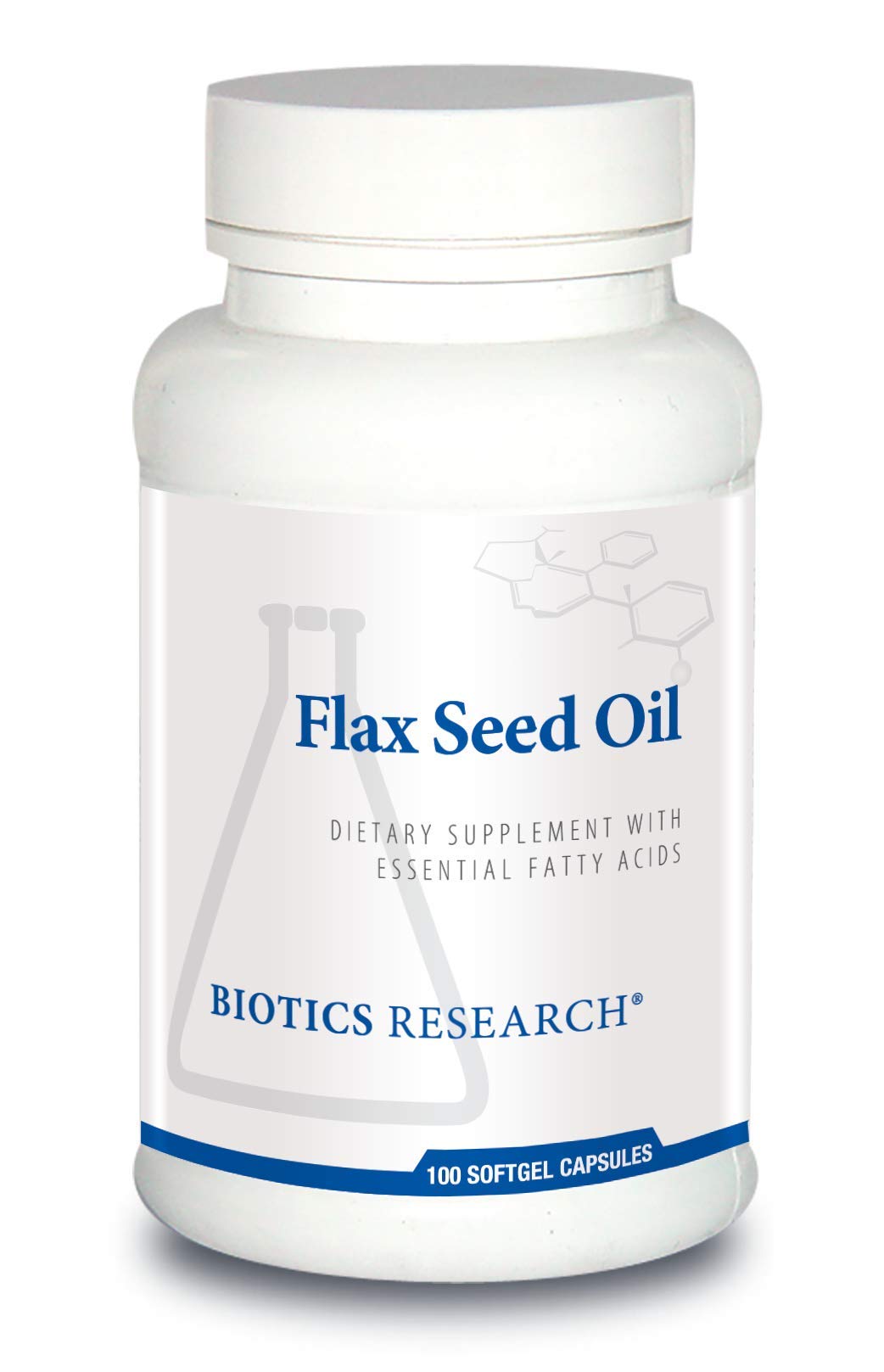 Biotics Research flax seed oil softgel bottle highlighting omega-3 for heart health.