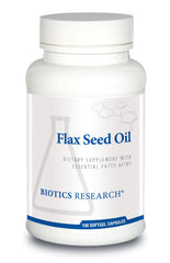 Biotics Research flax seed oil softgel bottle highlighting omega-3 for heart health.