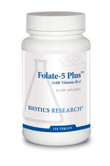 Biotics Research Folate 5 Plus bottle front highlighting methyl support and whole-food folate.