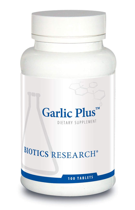 Biotics Research Garlic Plus bottle pour for easy daily dosing and convenience