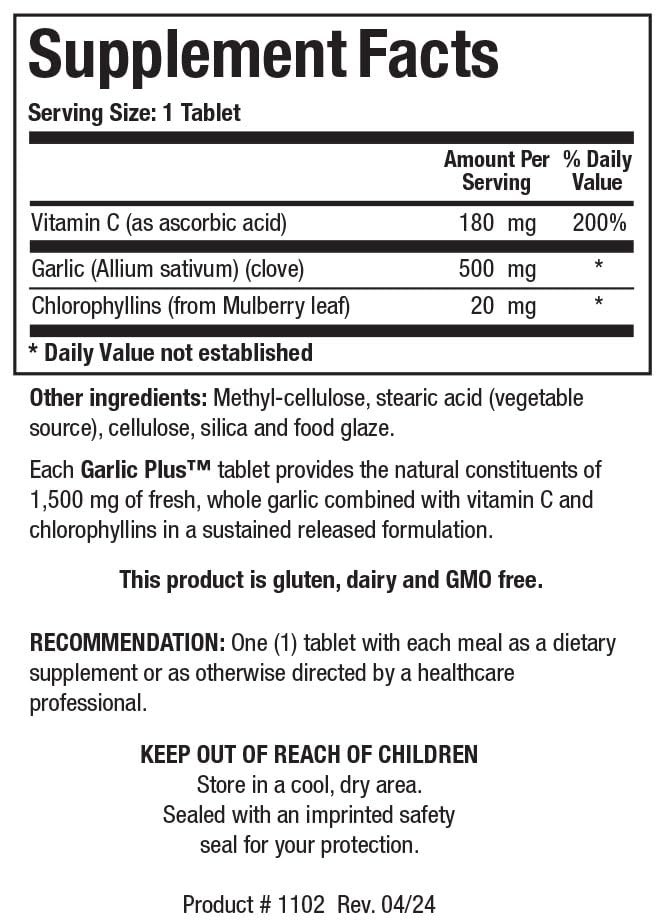 Biotics Research Garlic Plus tablets close-up highlighting allicin content