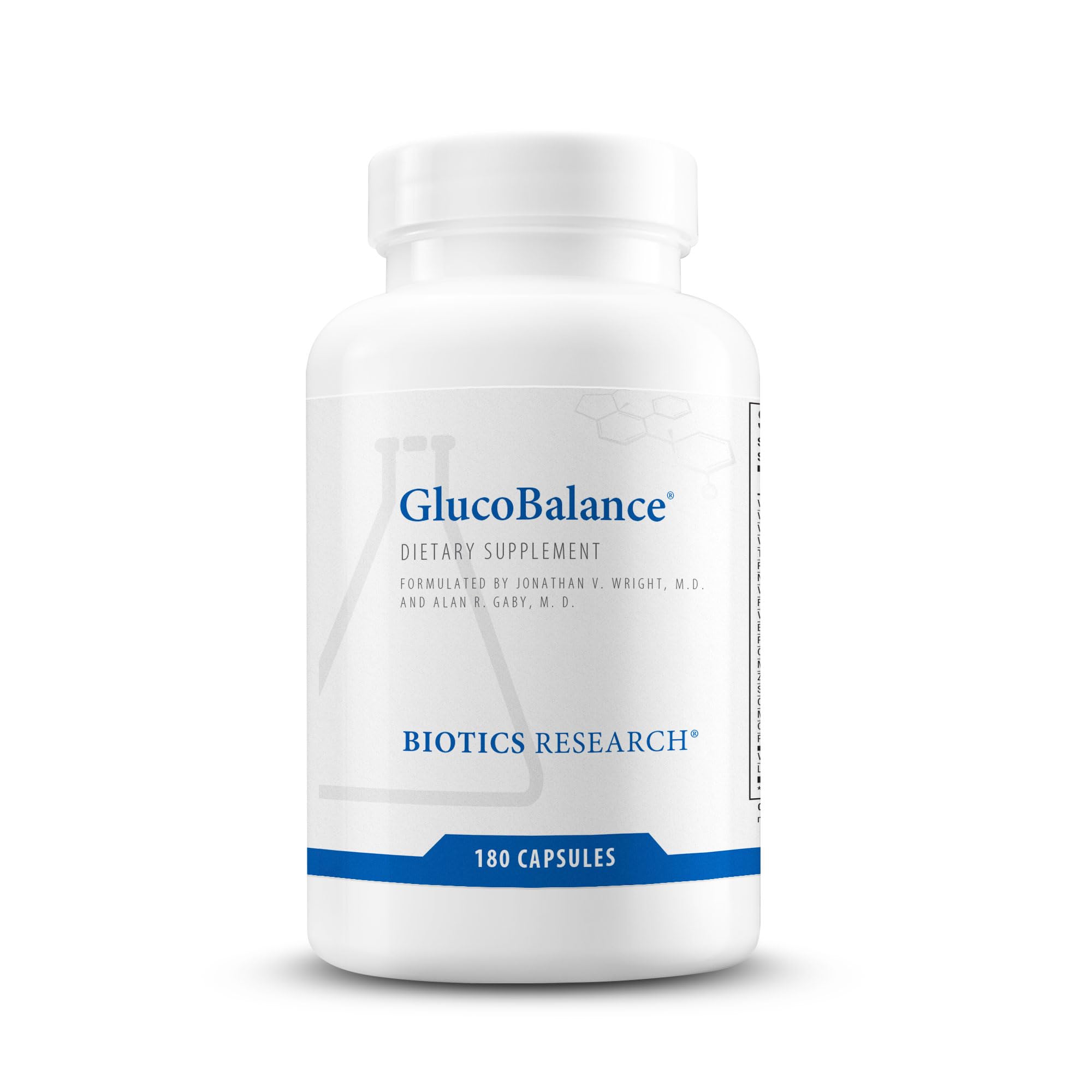 Biotics Research GlucoBalance bottle labeled, supports metabolic balance.
