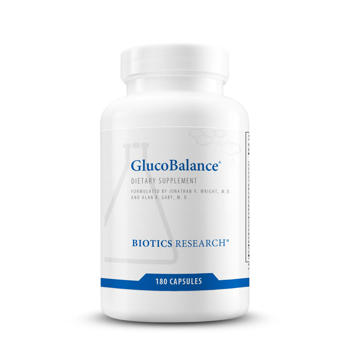 Biotics Research GlucoBalance bottle labeled, supports metabolic balance.