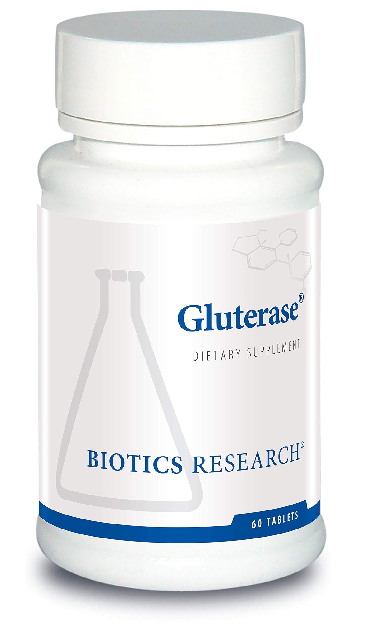 Biotics Research Gluterase bottle pour showing gluten digestion support during meals