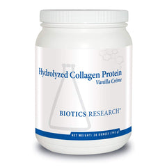 BIOTICS RESEARCH hydrolyzed collagen vanilla creme tub on counter used for daily protein support