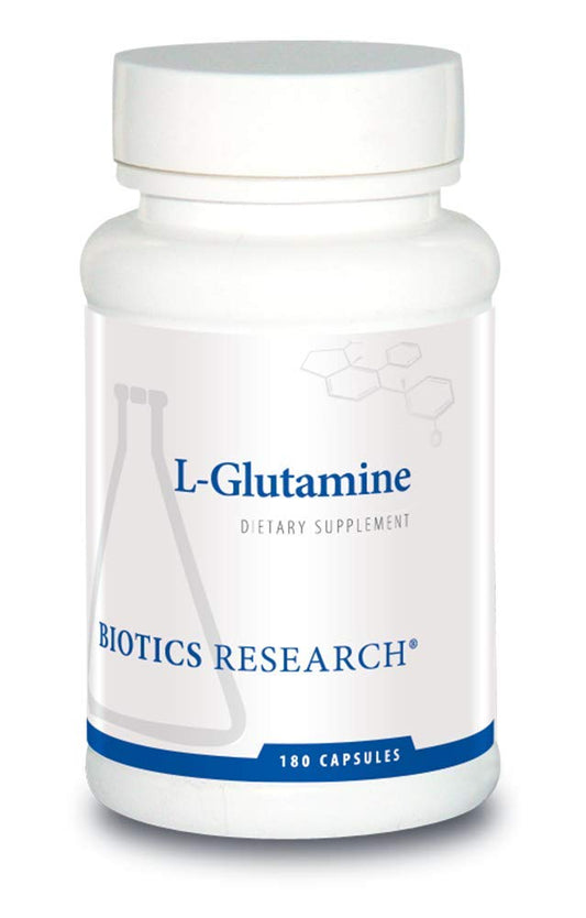 Biotics Research L-Glutamine bottle demonstrates GI health support.
