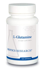 Biotics Research L-Glutamine bottle demonstrates GI health support.