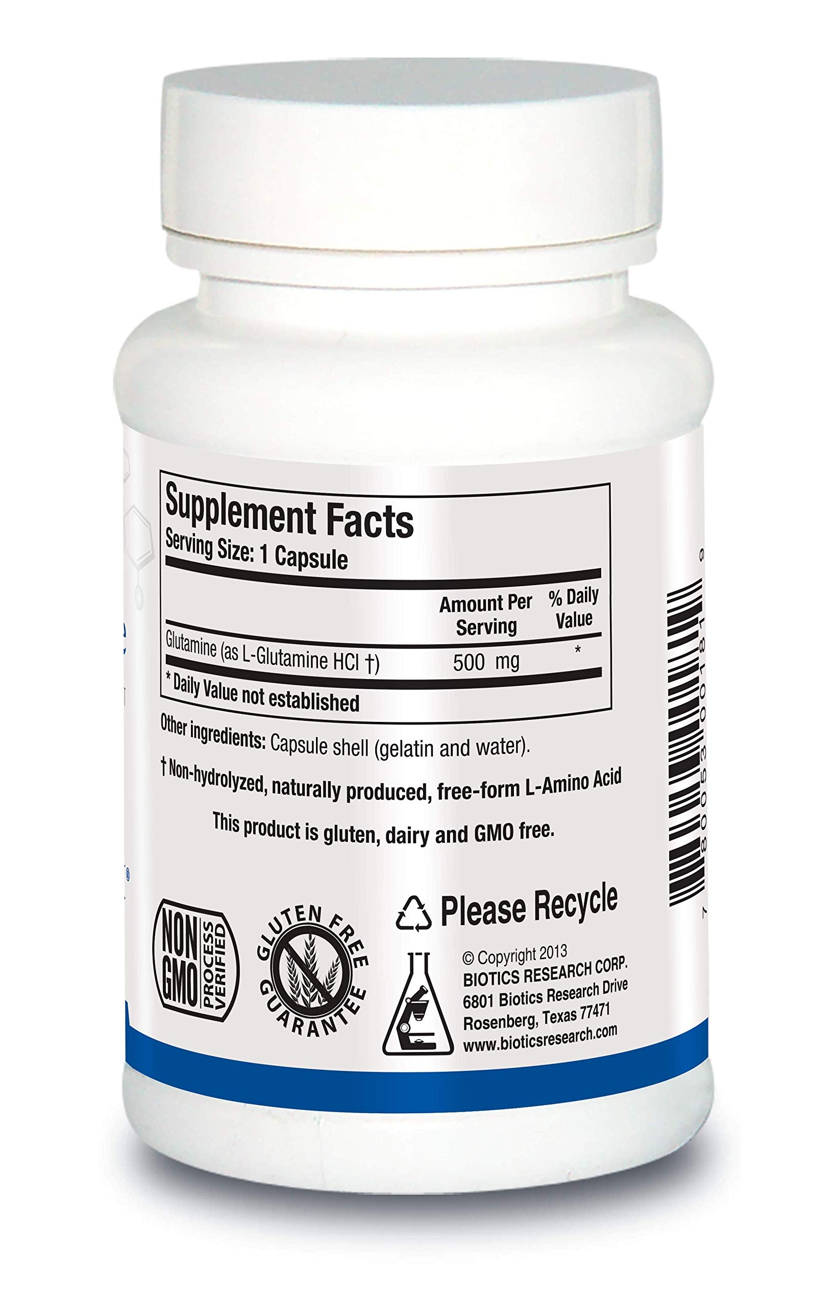 Biotics Research L-Glutamine capsules shown for lean muscle maintenance.