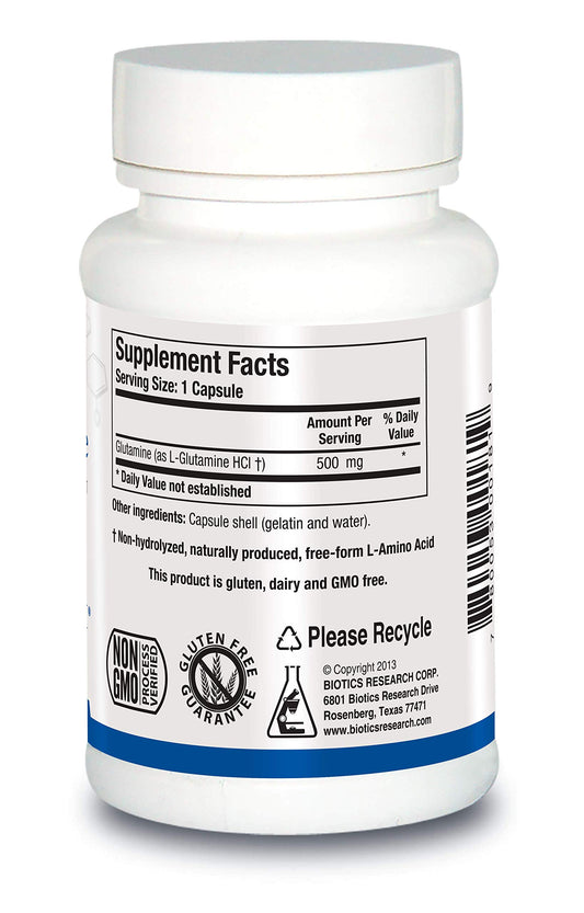 Biotics Research L-Glutamine capsules shown for lean muscle maintenance.