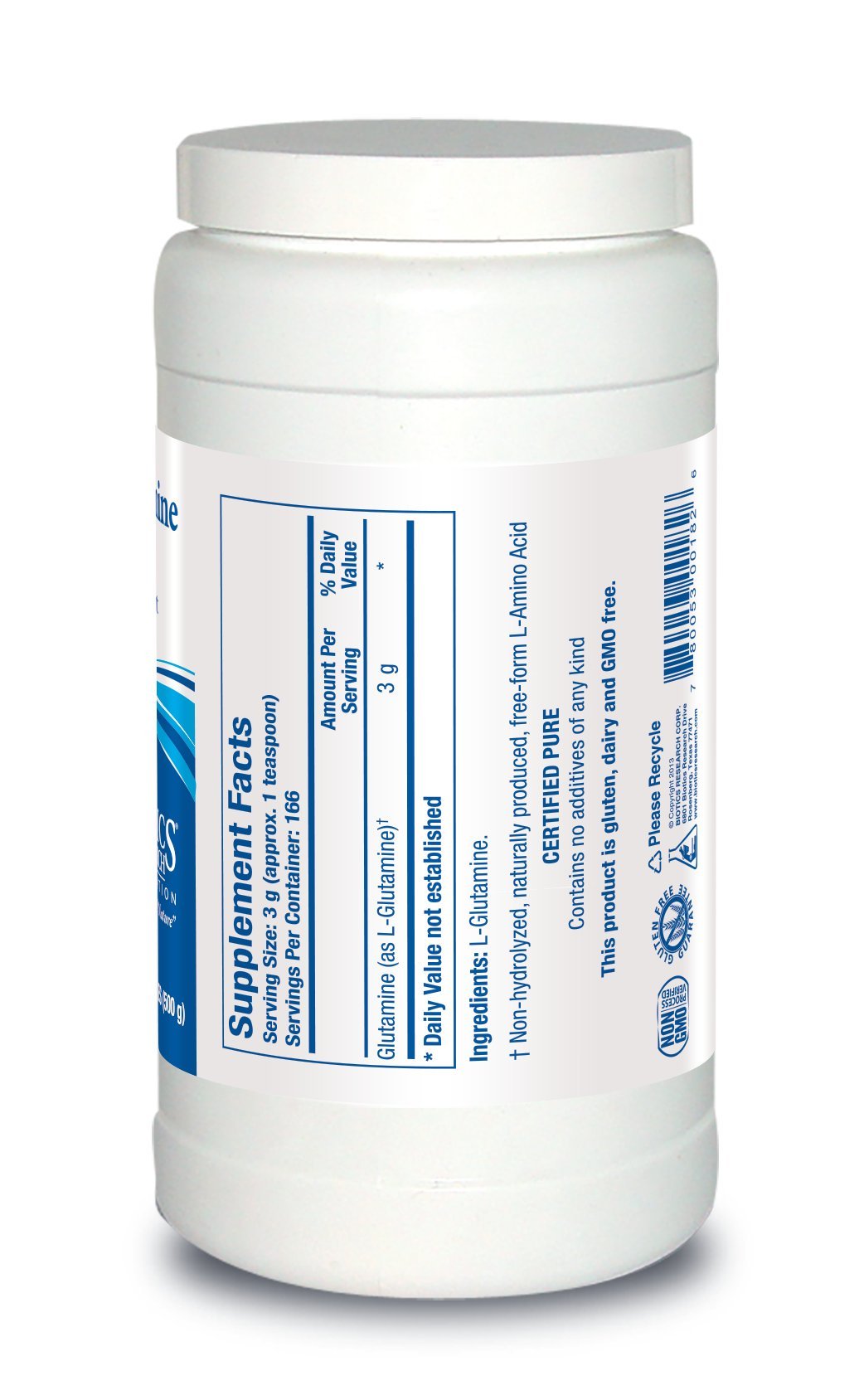 BIOTICS RESEARCH L-Glutamine Powder scoop image emphasizes easy, measured servings for GI support.