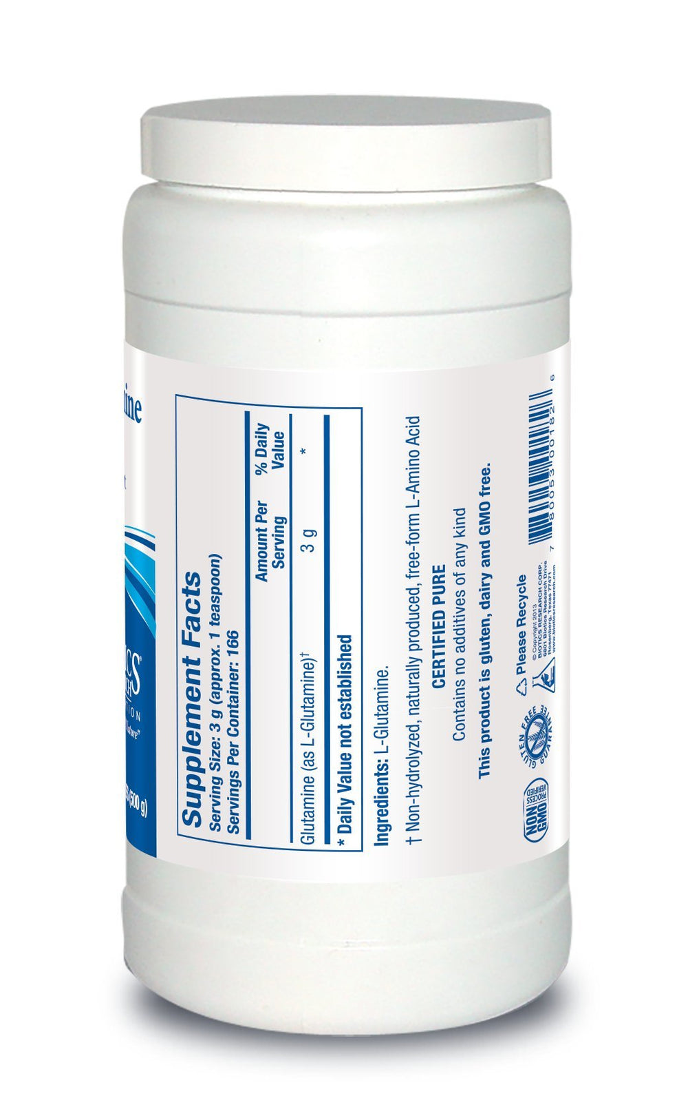 BIOTICS RESEARCH L-Glutamine Powder scoop image emphasizes easy, measured servings for GI support.
