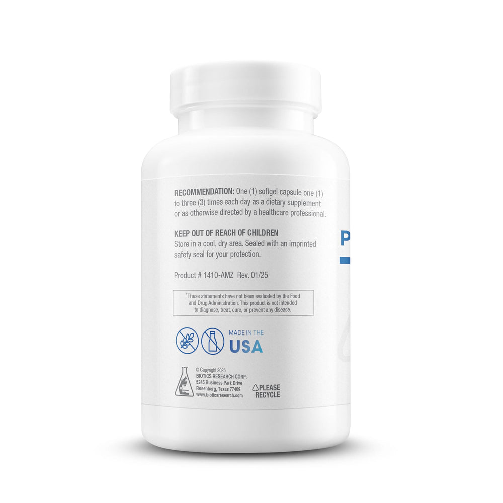 Biotics Research phosphatidylcholine label close-up emphasizing purity and production standards