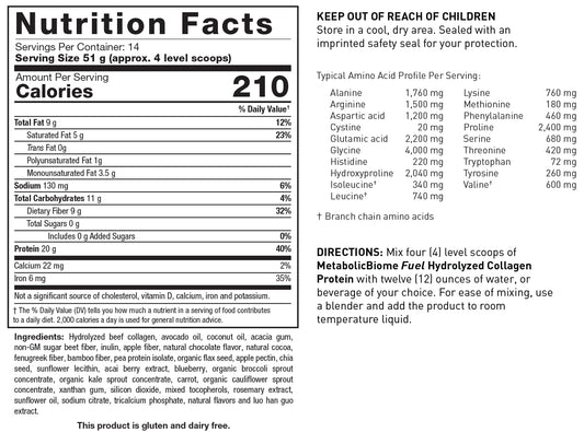 BIOTICS RESEARCH MetabolicBiome Fuel chocolate powder with scoop for delicious protein