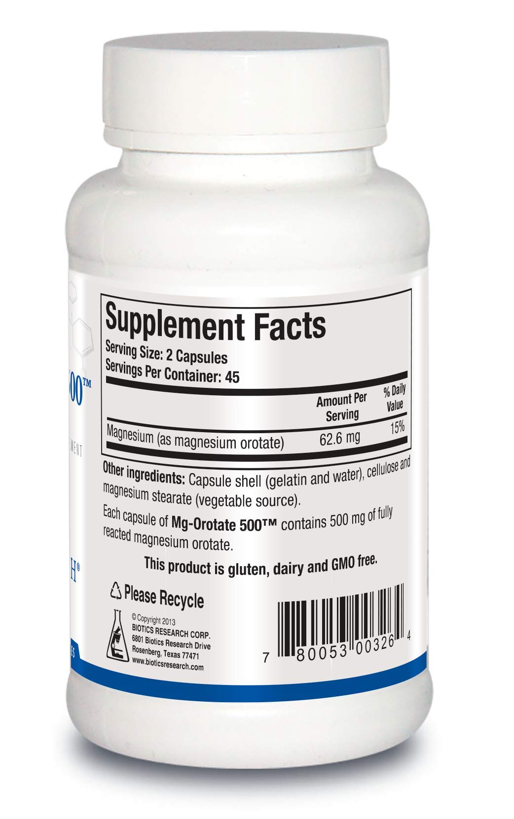 Close-up of Mg Orotate 500mg label showing sleep and muscle comfort notes.