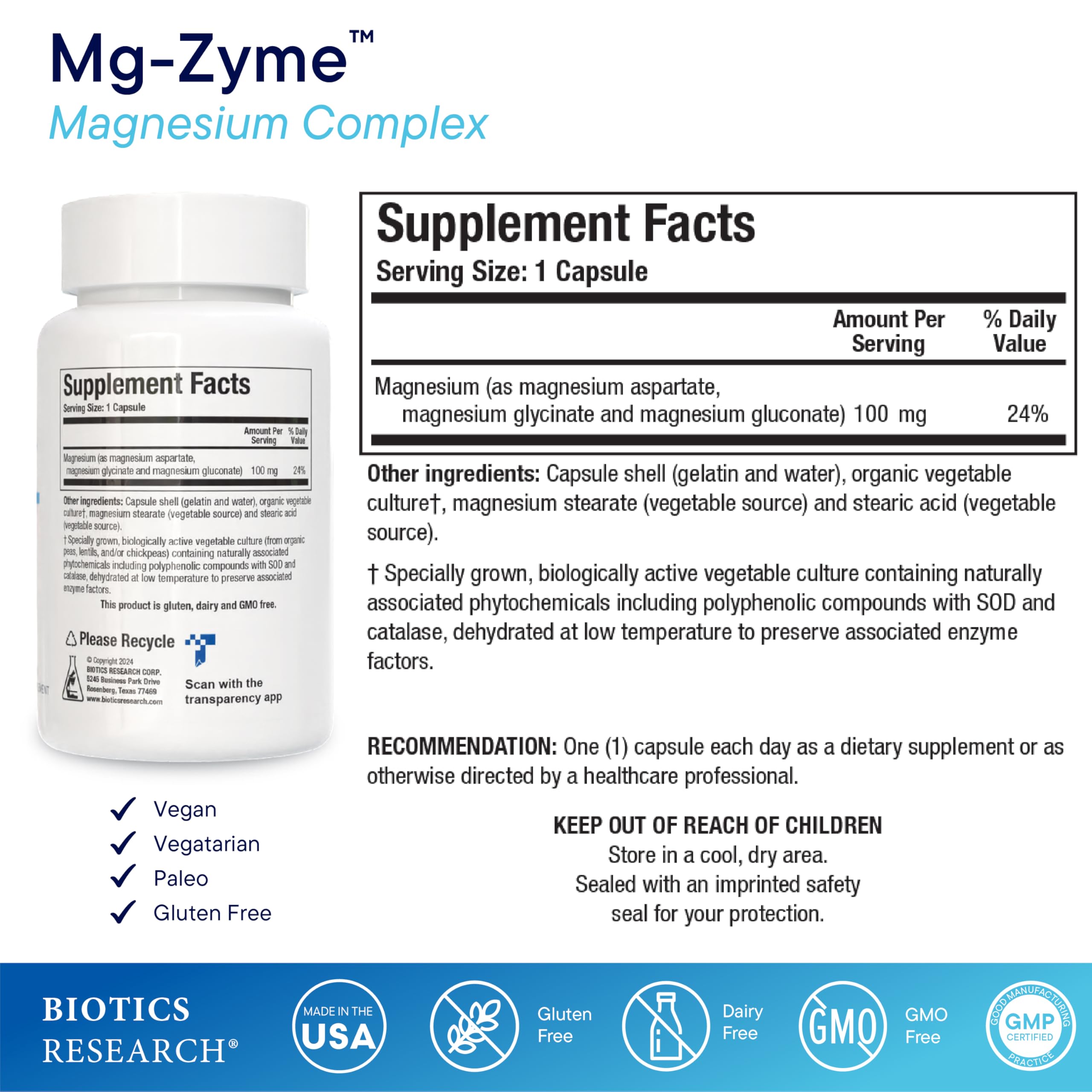 Mg-Zyme bottle label close-up highlights magnesium blends and dosing.