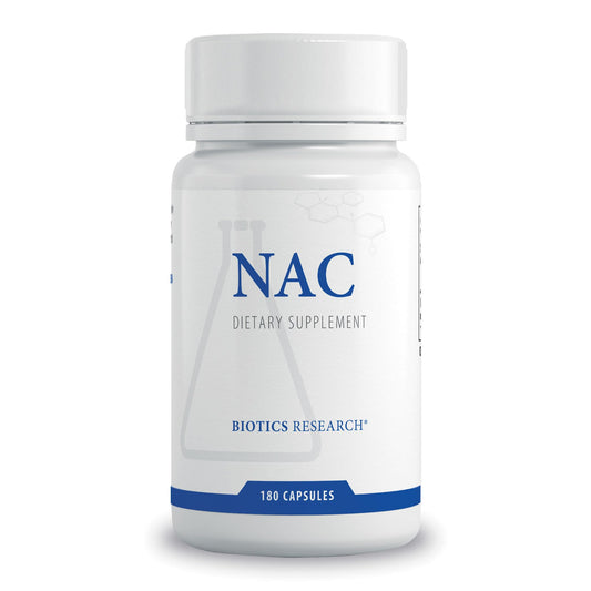 Biotics Research NAC 500mg bottle front highlighting glutathione support potential