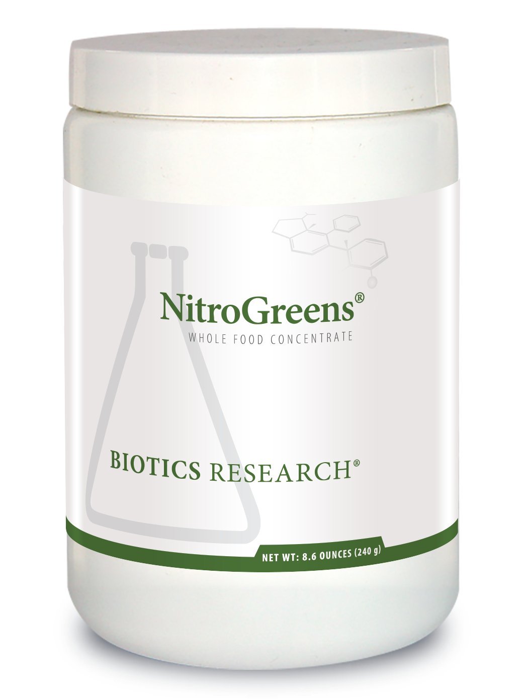 Biotics Research NitroGreens powder in glass for antioxidant support