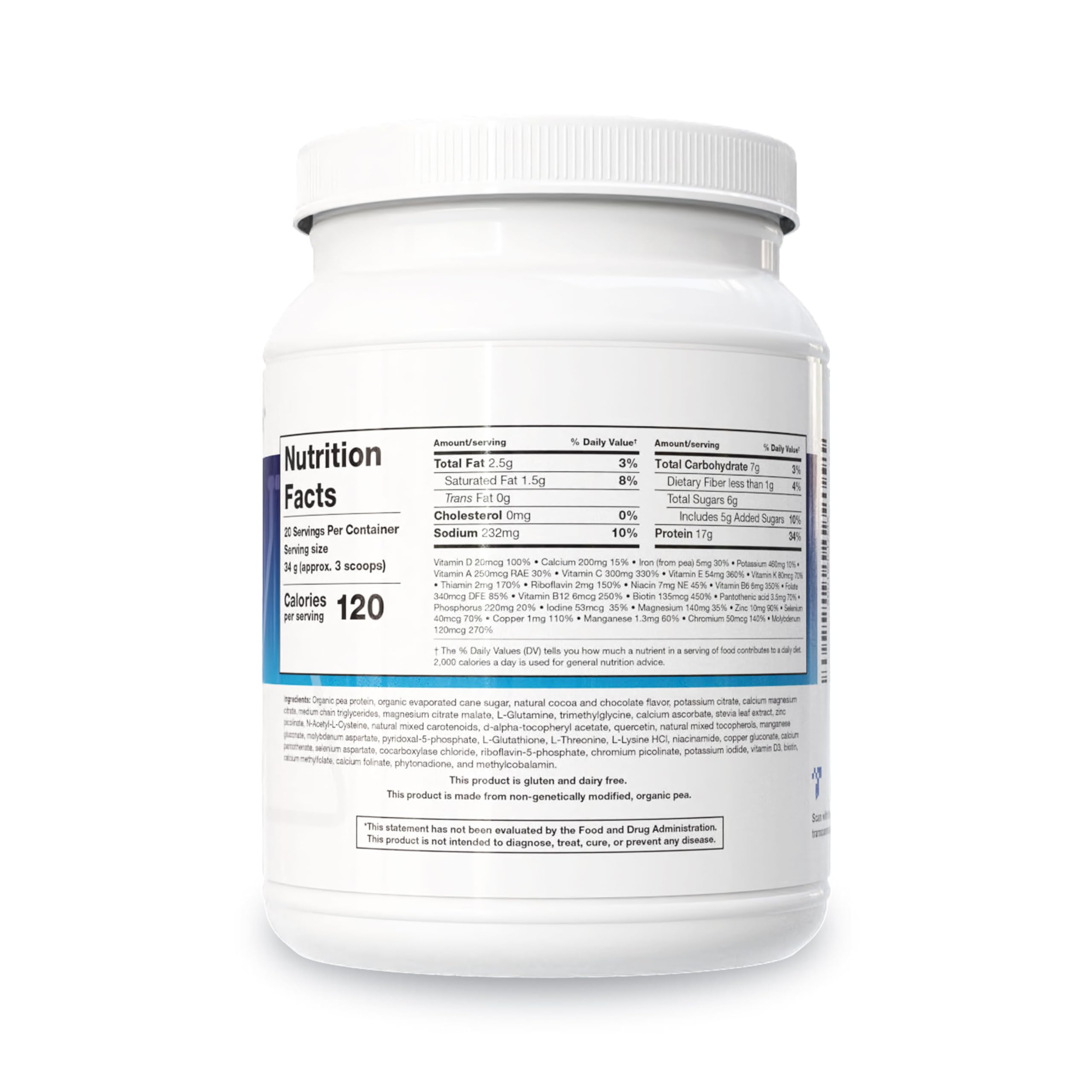 NutriClear Chocolate powder scoop showing 17 g organic pea protein.