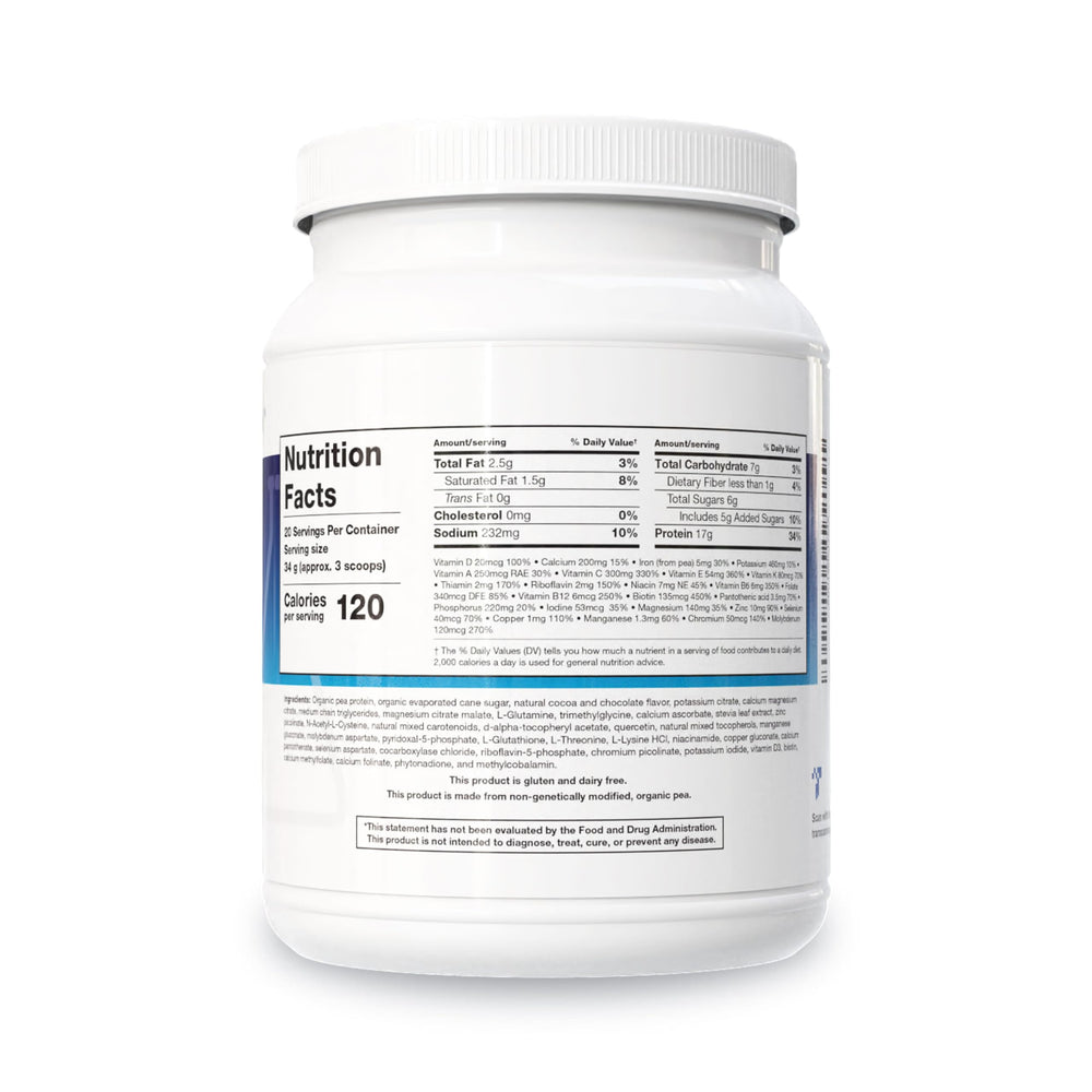 NutriClear Chocolate powder scoop showing 17 g organic pea protein.