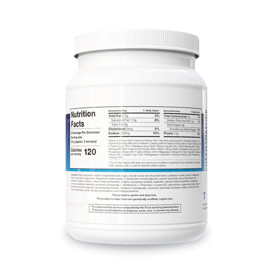 NutriClear Chocolate powder scoop showing 17 g organic pea protein.