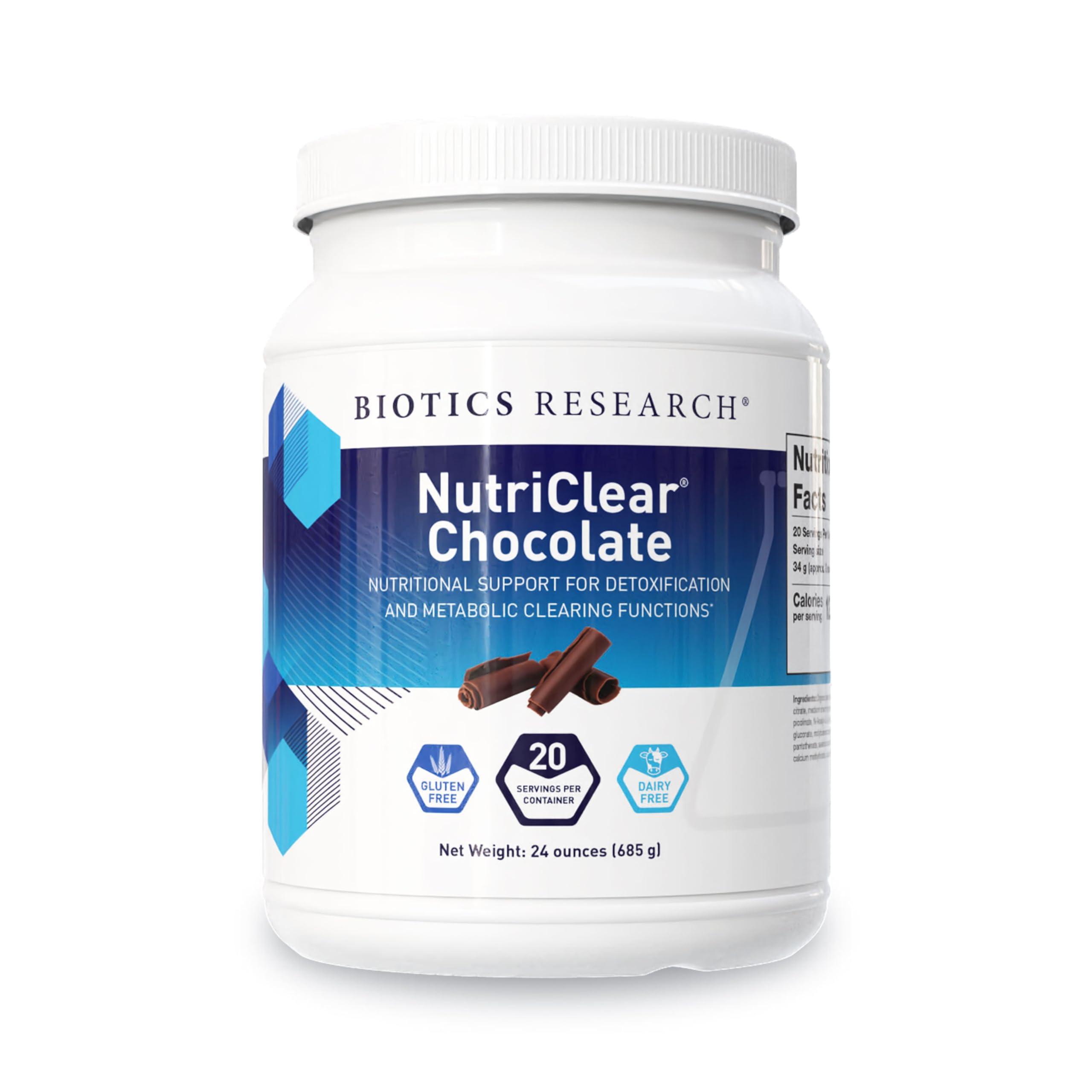 NutriClear Chocolate tub from Biotics Research ready for daily shakes.