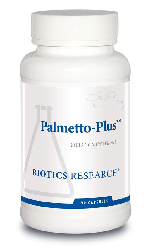 BIOTICS RESEARCH Palmetto-Plus bottle on white background for daily male wellness.
