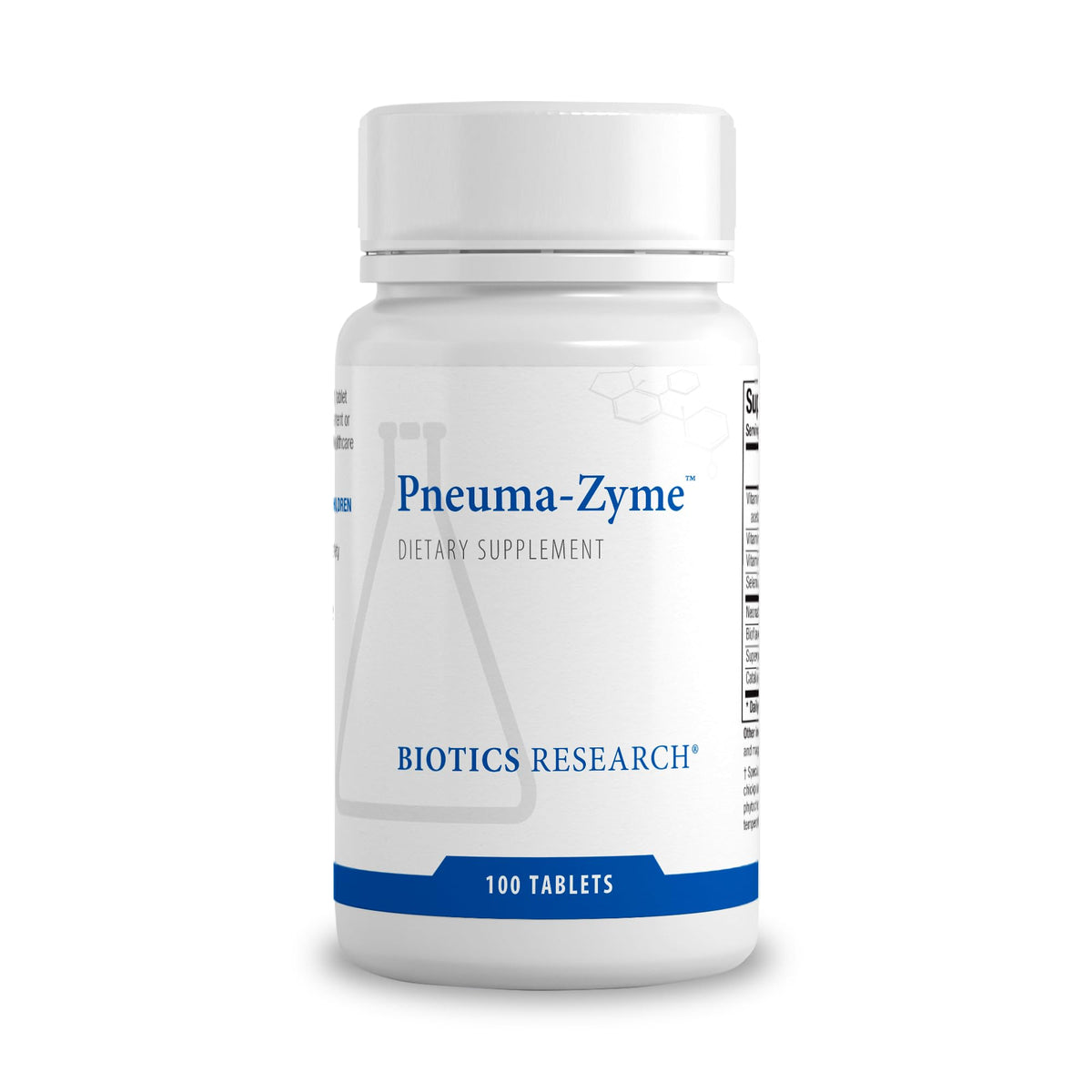 Biotics Research Pneuma-Zyme bottle front shows packaging for respiratory support