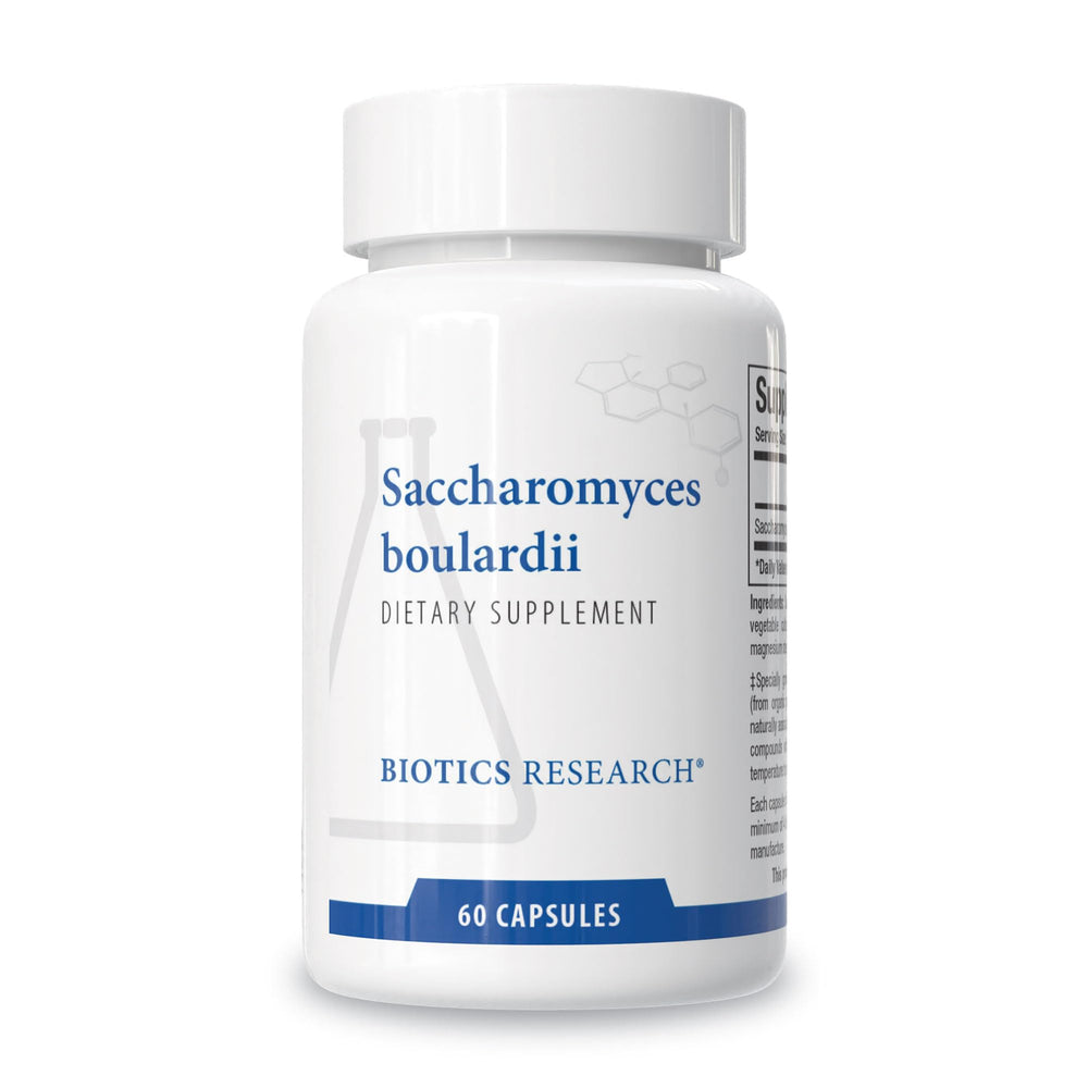 Biotics Research Saccharomyces boulardii bottle—dairy-free probiotic for gut support.