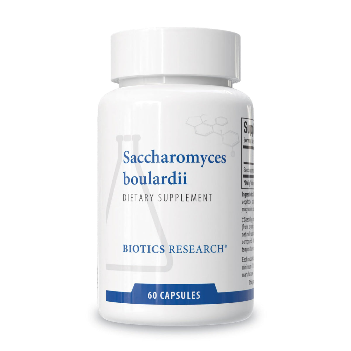 Biotics Research Saccharomyces boulardii bottle—dairy-free probiotic for gut support.