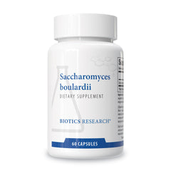 Biotics Research Saccharomyces boulardii bottle—dairy-free probiotic for gut support.
