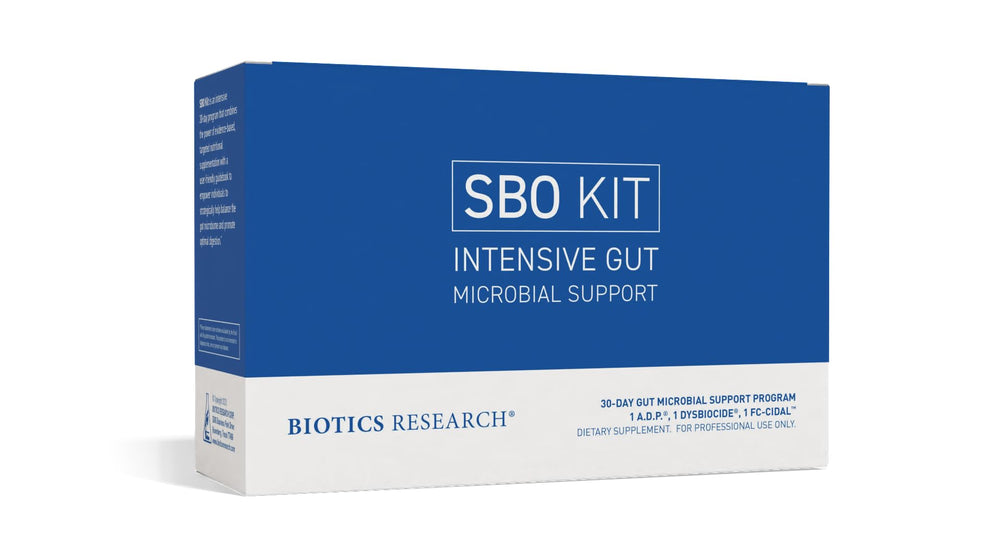 Biotics Research SBO Kit packaging highlighting intestinal support for daily use
