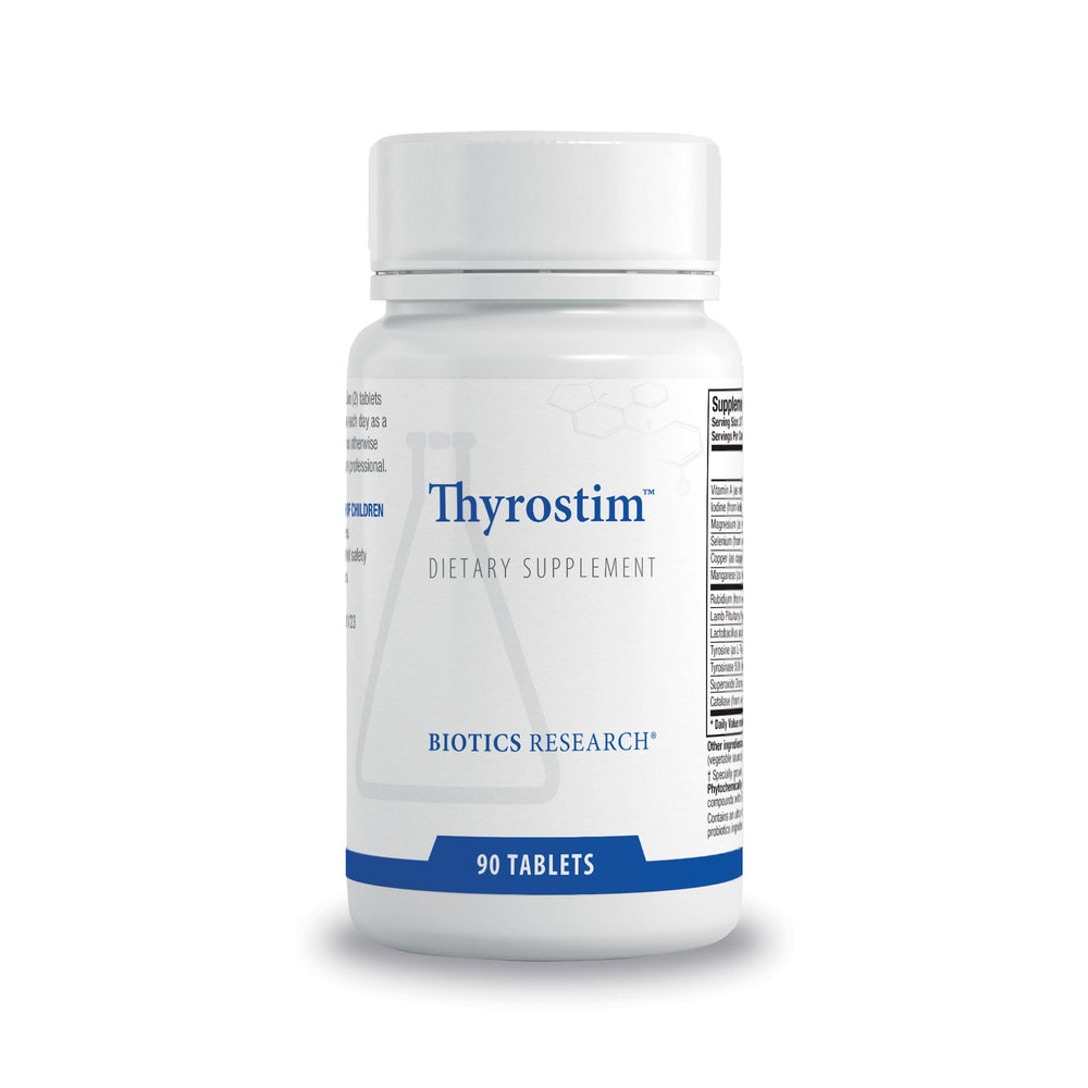 Biotics Research Thyrostim bottle closeup showing endocrine support for daily balance