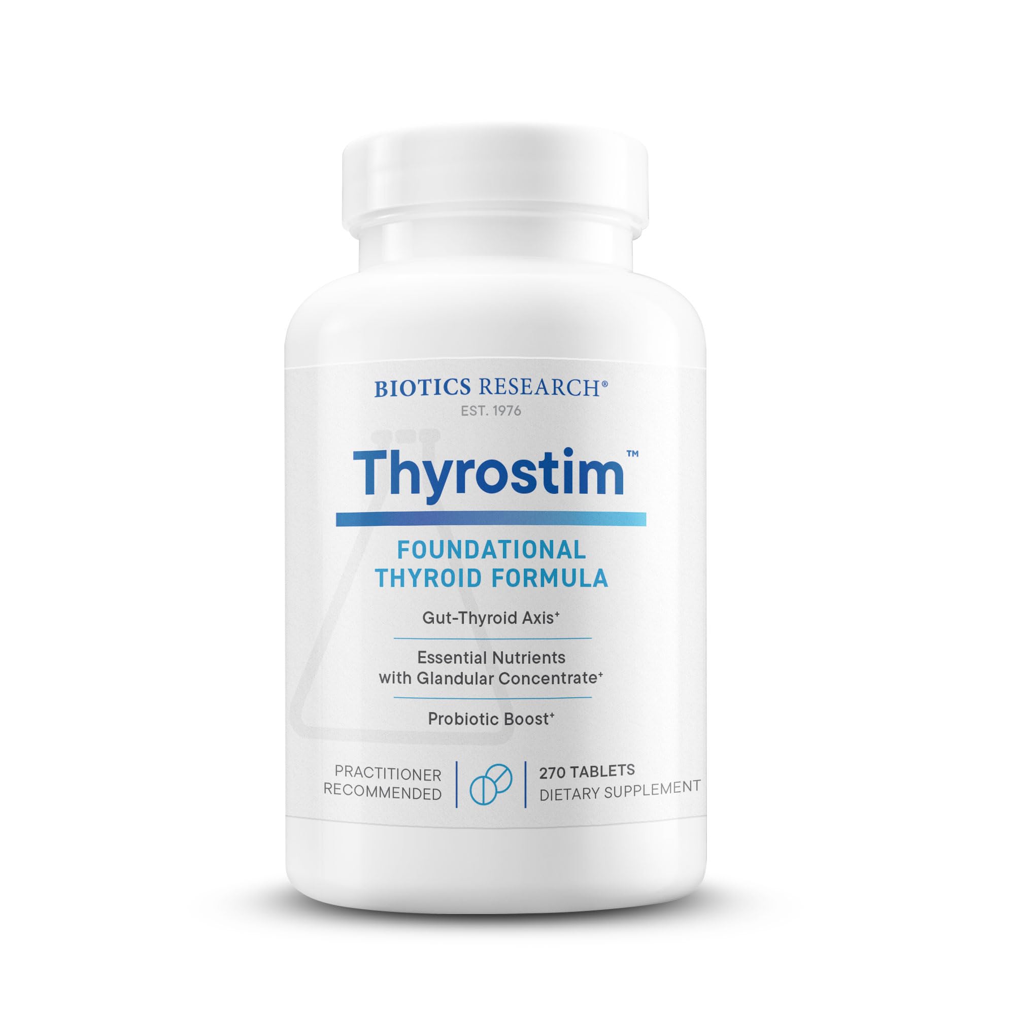 Biotics Research Thyrostim bottle front highlights thyroid support with glandulars for balanced energy.