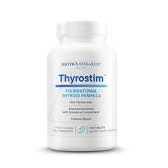 Biotics Research Thyrostim bottle front highlights thyroid support with glandulars for balanced energy.