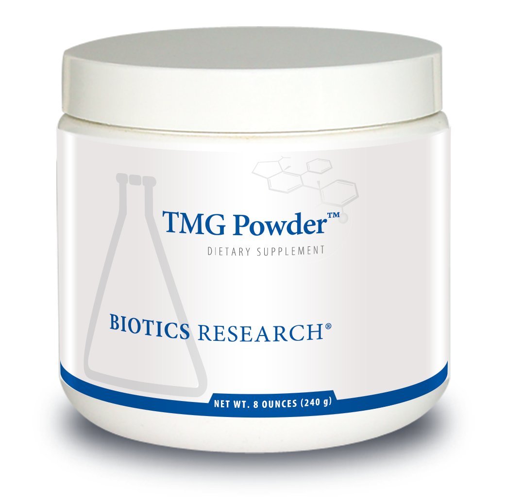 Biotics Research TMG Powder bottle front highlighting methyl donation benefits.