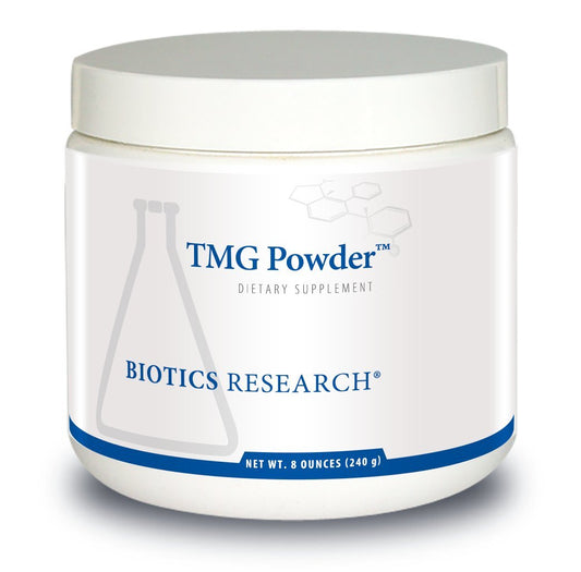 Biotics Research TMG Powder bottle front highlighting methyl donation benefits.